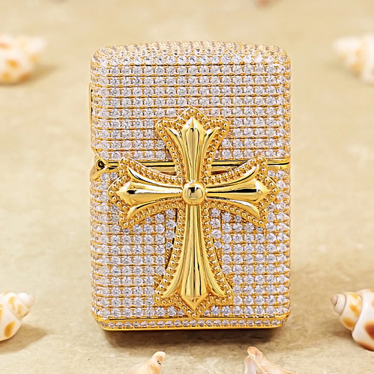 Zippo Gold Full Crystal Pavé Gothic Cross Emblem Shell Lighter - CM112