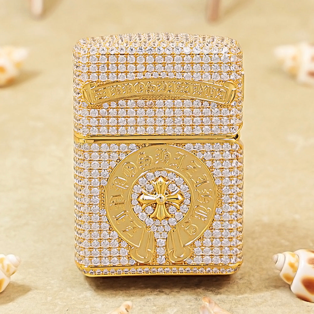 Zippo Gold Full Crystal Pavé Gothic Cross Emblem Shell Lighter - CM112