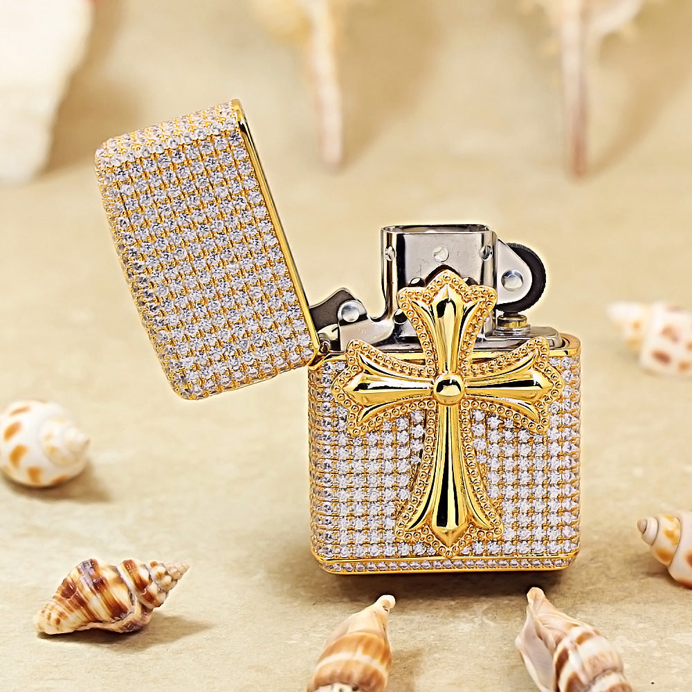 Zippo Gold Full Crystal Pavé Gothic Cross Emblem Shell Lighter - CM112