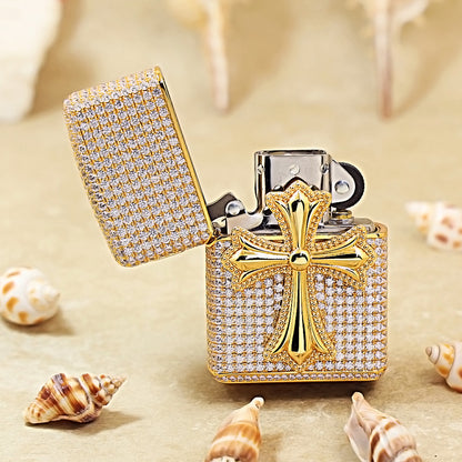 Zippo Gold Full Crystal Pavé Gothic Cross Emblem Shell Lighter - CM112