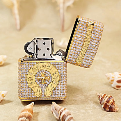 Zippo Gold Full Crystal Pavé Gothic Cross Emblem Shell Lighter - CM112