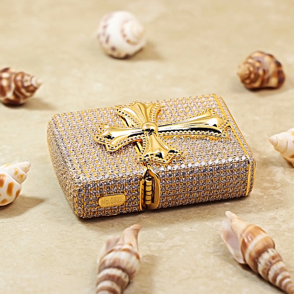 Zippo Gold Full Crystal Pavé Gothic Cross Emblem Shell Lighter - CM112