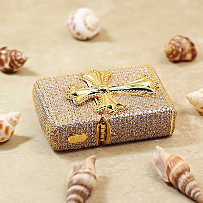 Zippo Gold Full Crystal Pavé Gothic Cross Emblem Shell Lighter - CM112