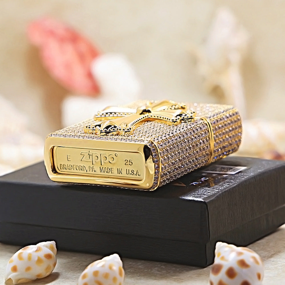 Zippo Gold Full Crystal Pavé Gothic Cross Emblem Shell Lighter - CM112