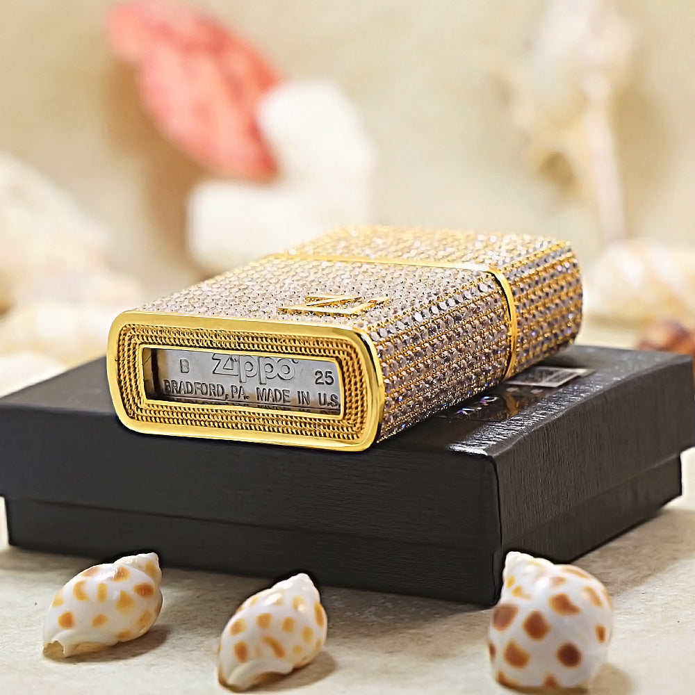 Zippo Gold Full Crystal Pavé "Zi" Emblem Shell Lighter- CM103