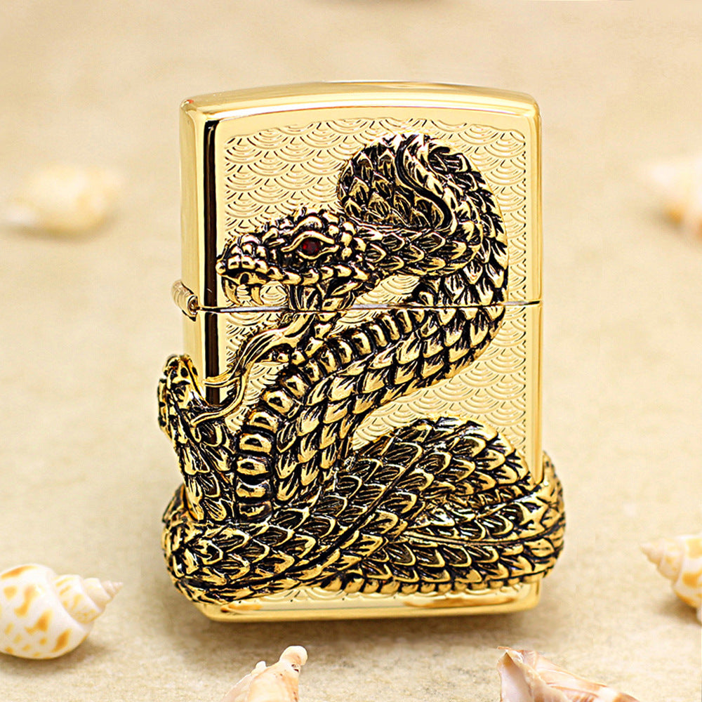 Zippo Gold Polished Heavy Relief Snake God Emblem - KR19