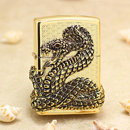 Zippo Gold Polished Heavy Relief Snake God Emblem - KR19