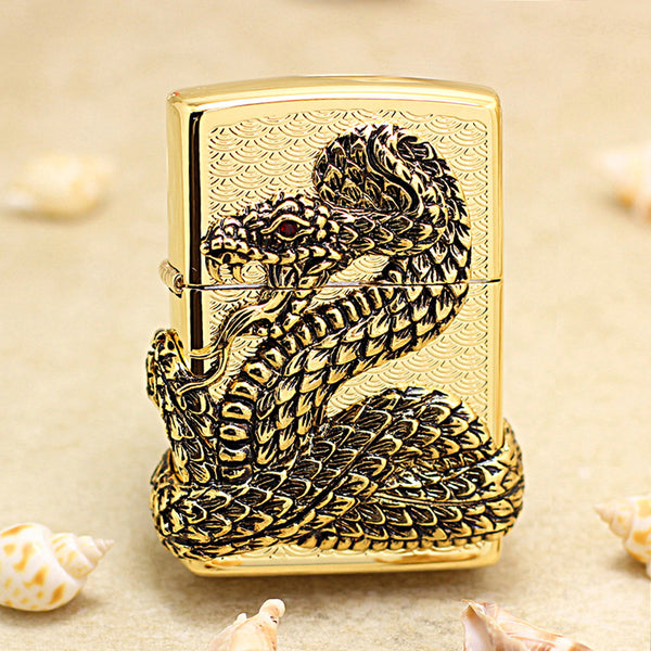 Zippo Gold Polished Heavy Relief Snake God Emblem - KR19