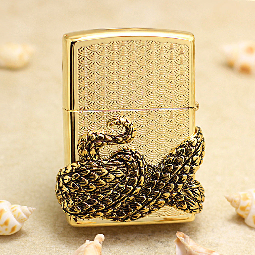 Zippo Gold Polished Heavy Relief Snake God Emblem - KR19