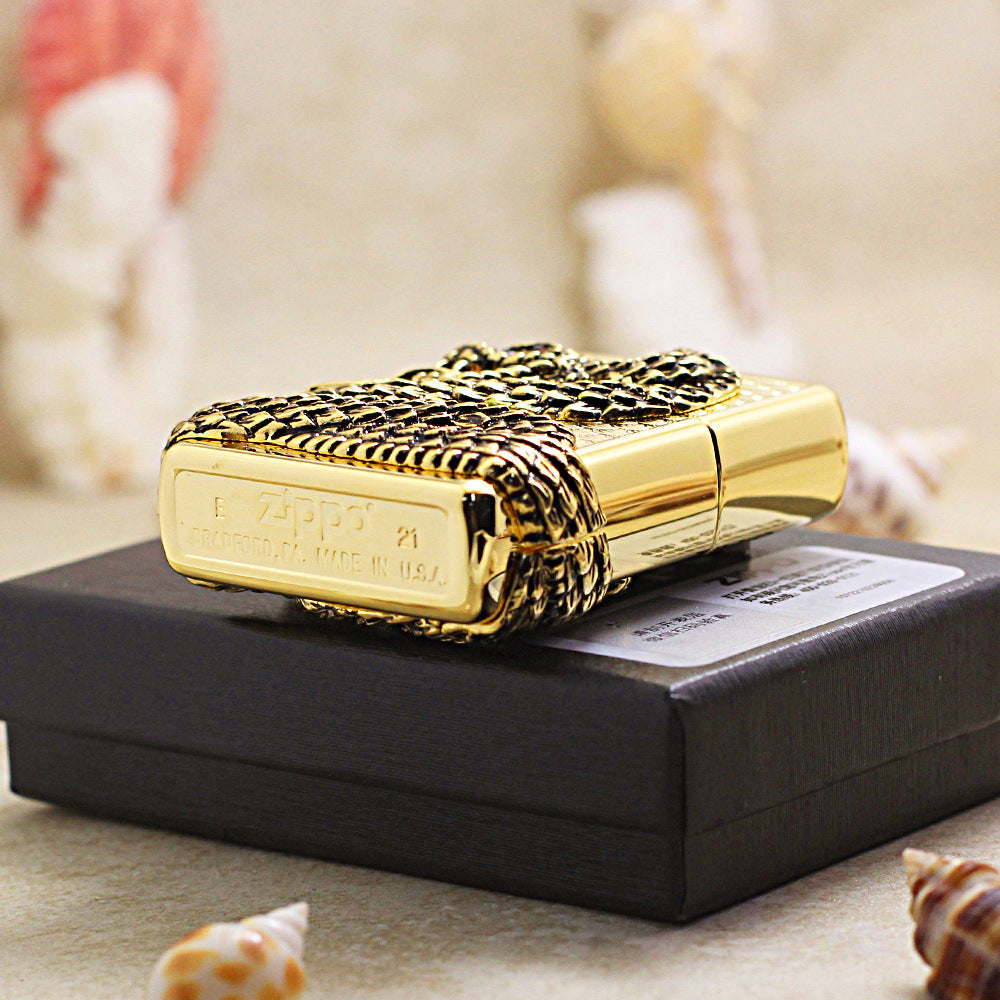 Zippo Gold Polished Heavy Relief Snake God Emblem - KR19
