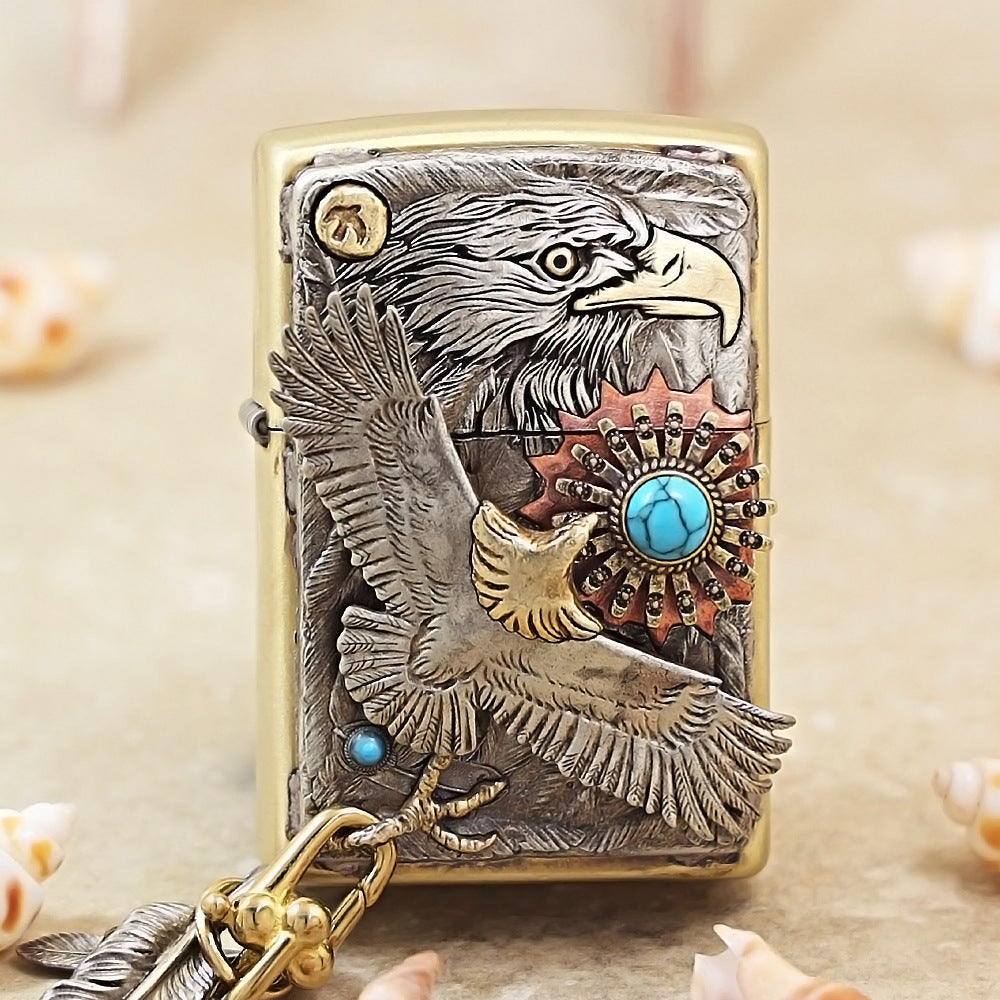 Zippo High-Polish Brass Blue Turquoise Eagle Sun Emblem Lighter - DS172