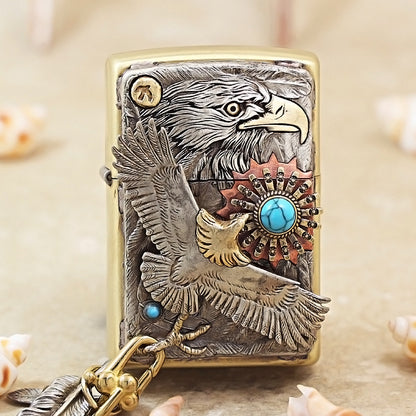 Zippo High-Polish Brass Blue Turquoise Eagle Sun Emblem Lighter - DS172