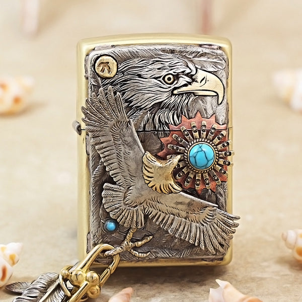Zippo High-Polish Brass Blue Turquoise Eagle Sun Emblem Lighter - DS172