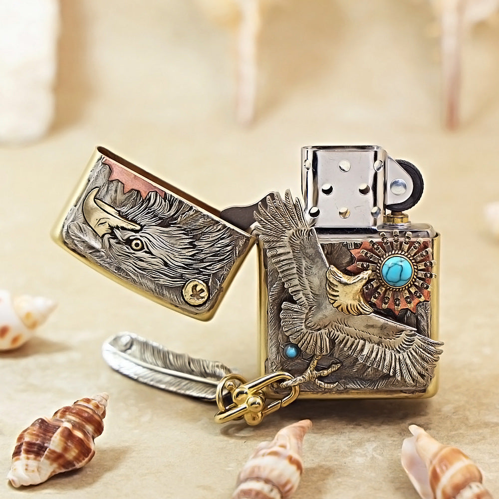 Zippo High-Polish Brass Blue Turquoise Eagle Sun Emblem Lighter - DS172