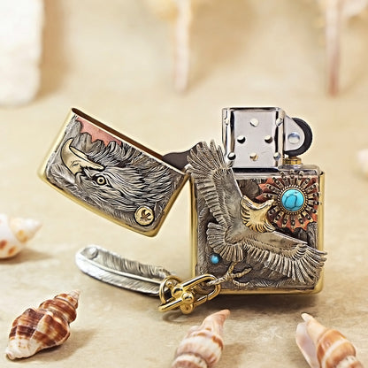 Zippo High-Polish Brass Blue Turquoise Eagle Sun Emblem Lighter - DS172