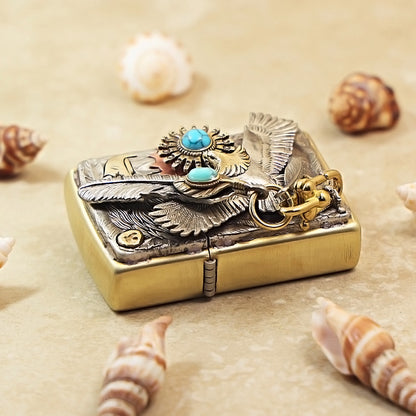 Zippo High-Polish Brass Blue Turquoise Eagle Sun Emblem Lighter - DS172