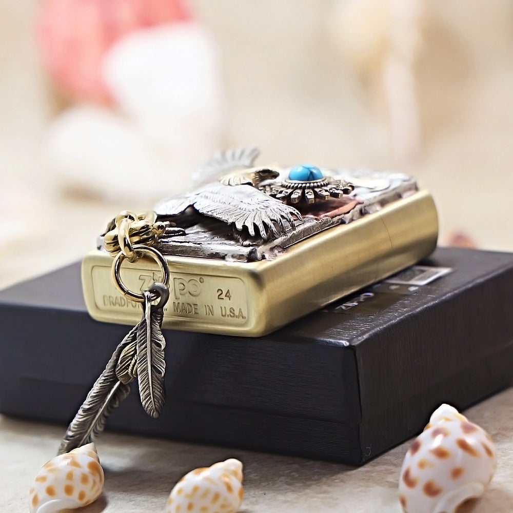 Zippo High-Polish Brass Blue Turquoise Eagle Sun Emblem Lighter - DS172