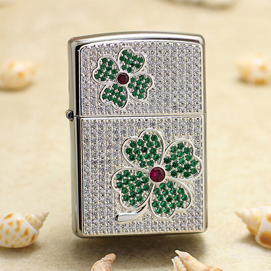 Zippo High-Polish Chrome Full Crystal Four-Leaf Clover Emblem Lighter - DS181