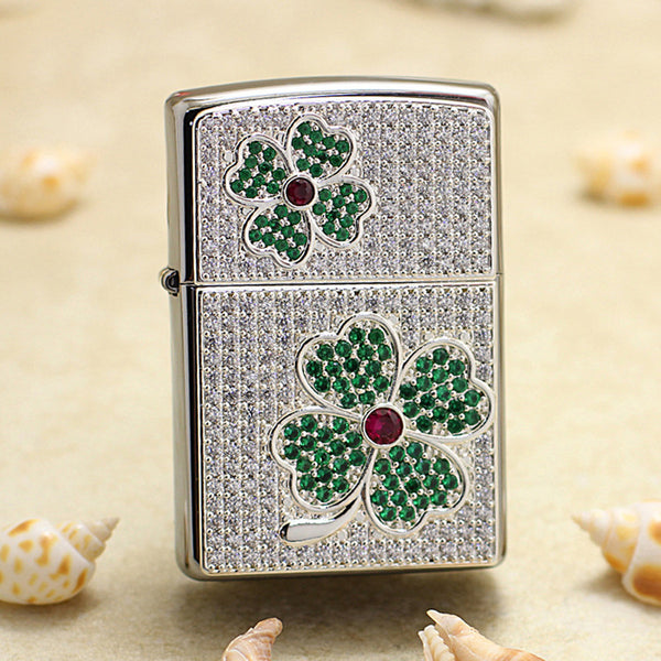 Zippo High-Polish Chrome Full Crystal Four-Leaf Clover Emblem Lighter - DS181
