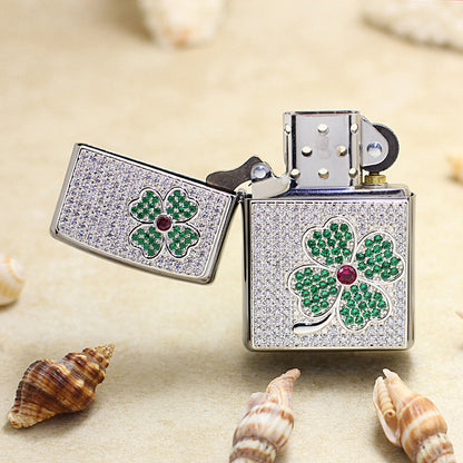 Zippo High-Polish Chrome Full Crystal Four-Leaf Clover Emblem Lighter - DS181