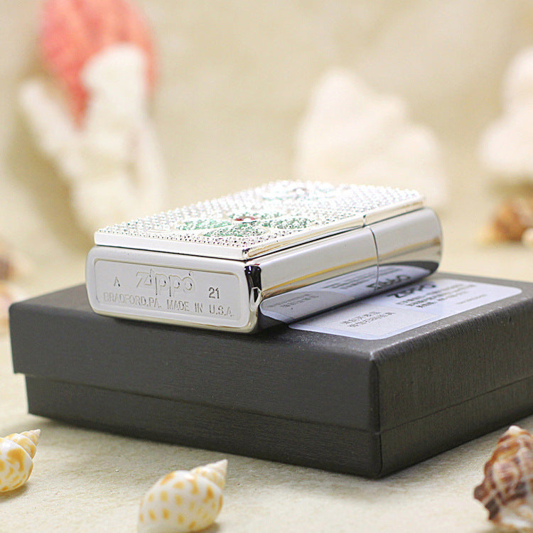 Zippo High-Polish Chrome Full Crystal Four-Leaf Clover Emblem Lighter - DS181