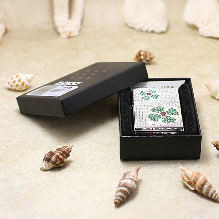 Zippo High-Polish Chrome Full Crystal Four-Leaf Clover Emblem Lighter - DS181