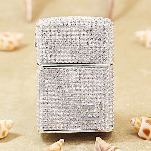 Zippo High-Polish Silver Full Crystal Pavé "Zi" Emblem Shell Lighter - CM102
