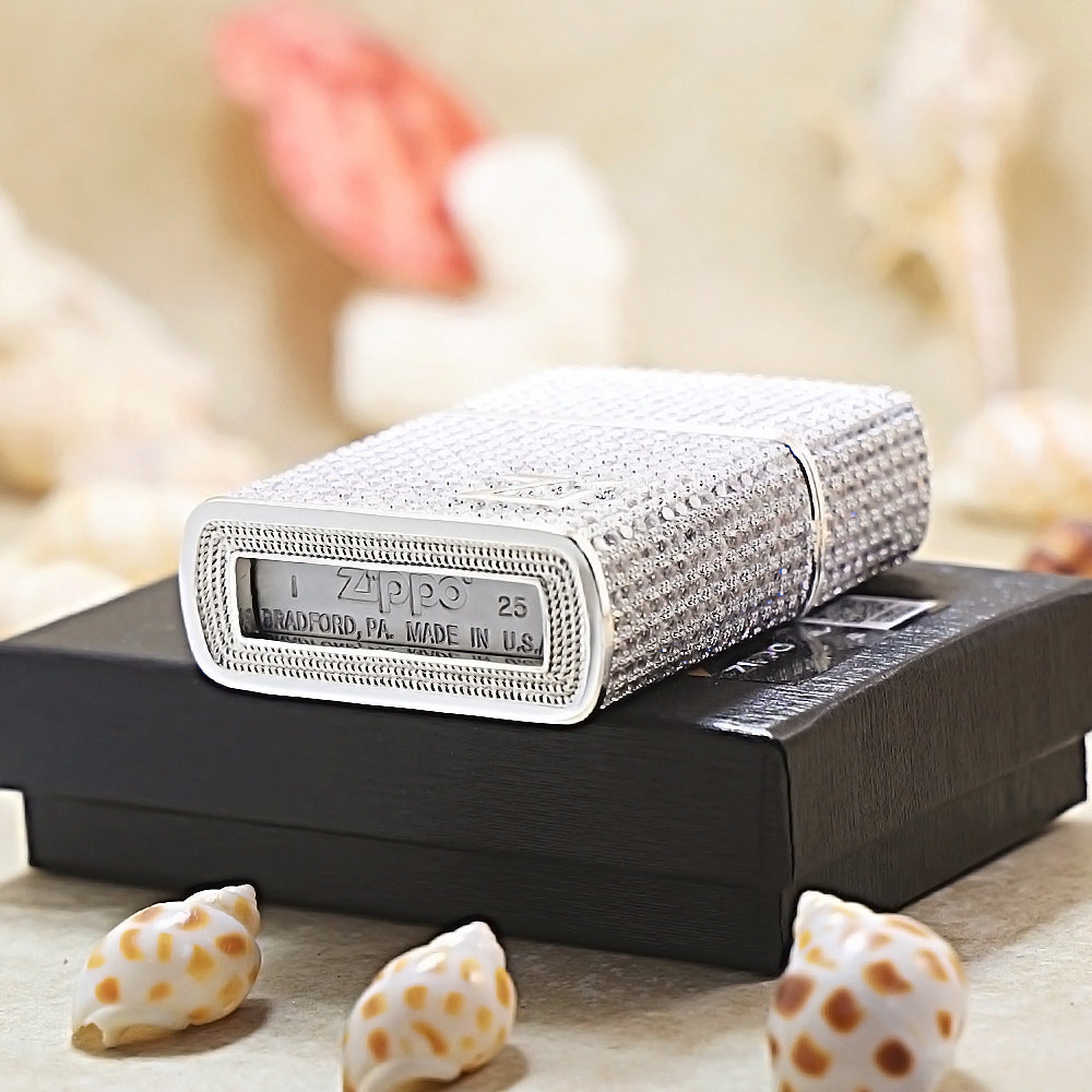 Zippo High-Polish Silver Full Crystal Pavé "Zi" Emblem Shell Lighter - CM102