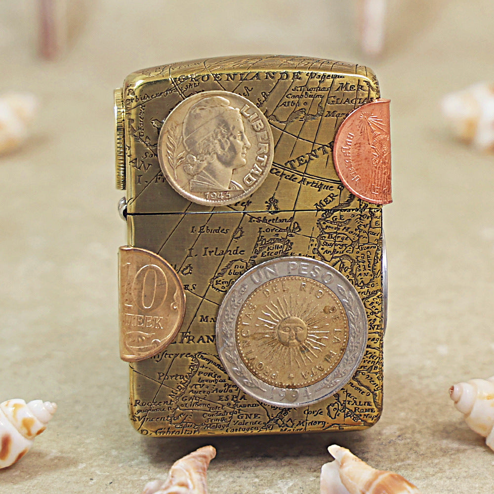 Zippo Replica Antique Brass Global Coin Navigator Lighter - DS180