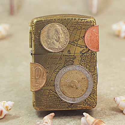 Zippo Replica Antique Brass Global Coin Navigator Lighter - DS180