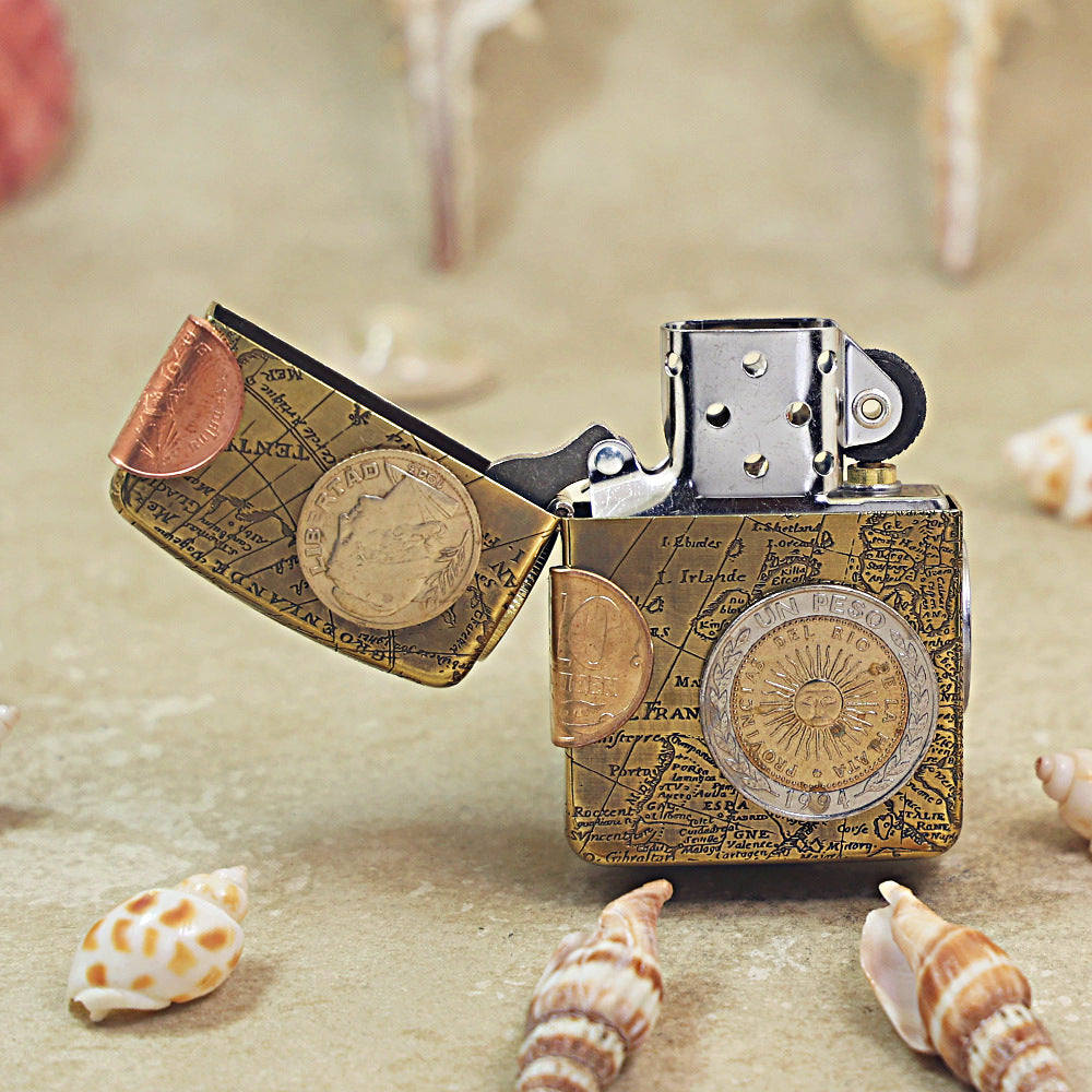 Zippo Replica Antique Brass Global Coin Navigator Lighter - DS180