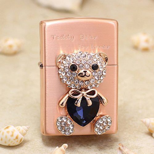Zippo Rose Gold Teddy Bear for Lover Crystal Heart Emblem Lighter - DS175