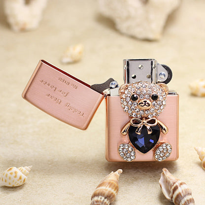 Zippo Rose Gold Teddy Bear for Lover Crystal Heart Emblem Lighter - DS175