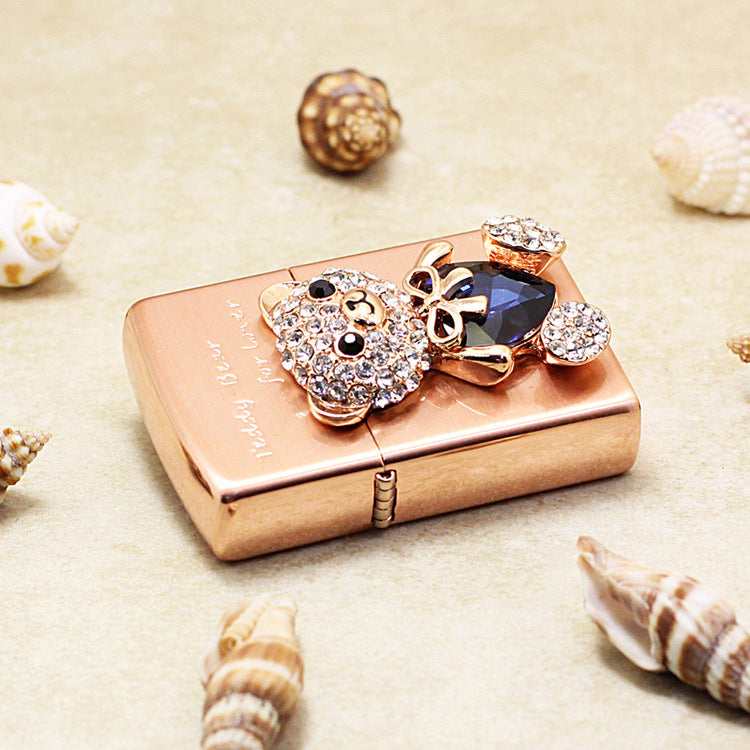 Zippo Rose Gold Teddy Bear for Lover Crystal Heart Emblem Lighter - DS175