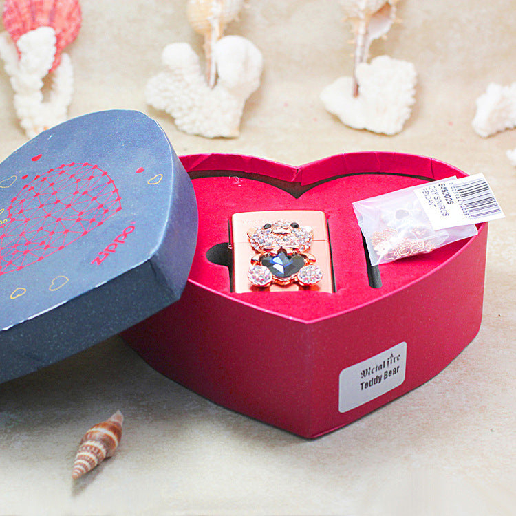 Zippo Rose Gold Teddy Bear for Lover Crystal Heart Emblem Lighter - DS175