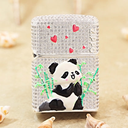 Zippo Silver-Plated Shell Full Diamond Panda and Bamboo Case - CM91