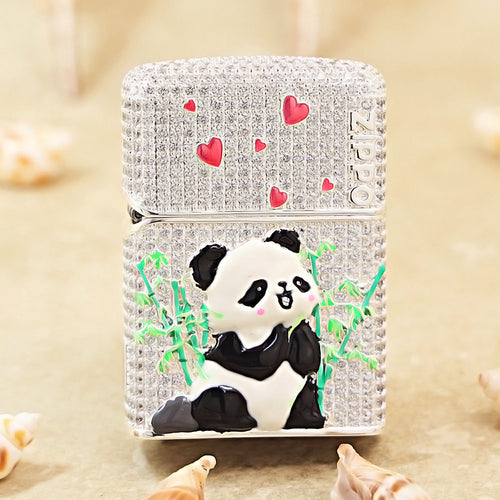 Zippo Silver-Plated Shell Full Diamond Panda and Bamboo Case - CM91