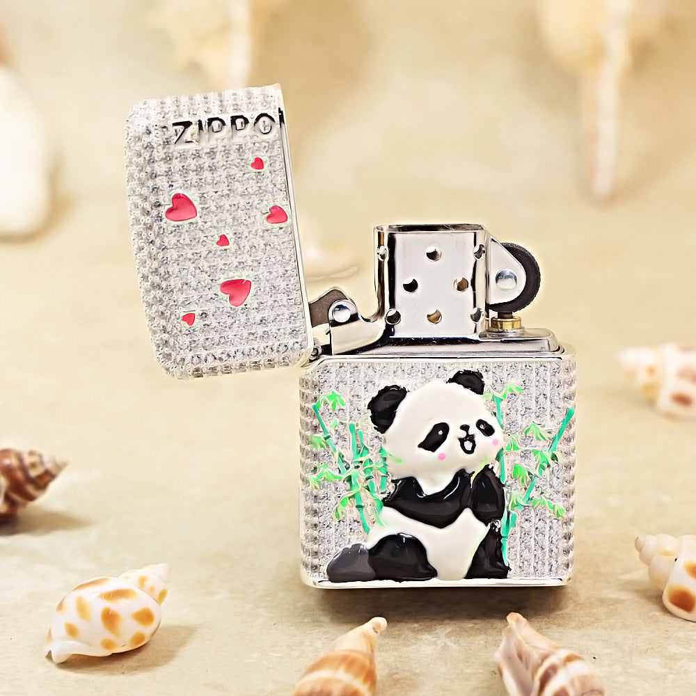 Zippo Silver-Plated Shell Full Diamond Panda and Bamboo Case - CM91