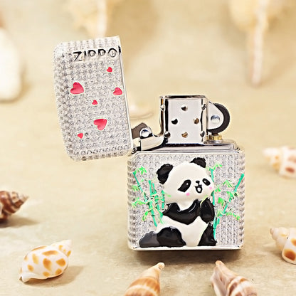 Zippo Silver-Plated Shell Full Diamond Panda and Bamboo Case - CM91