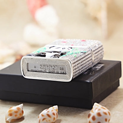 Zippo Silver-Plated Shell Full Diamond Panda and Bamboo Case - CM91