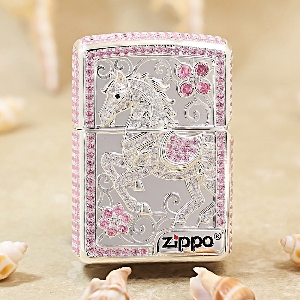 Zippo Silver-Plated Shell Pink Crystal Lead the Way Horse - CM60