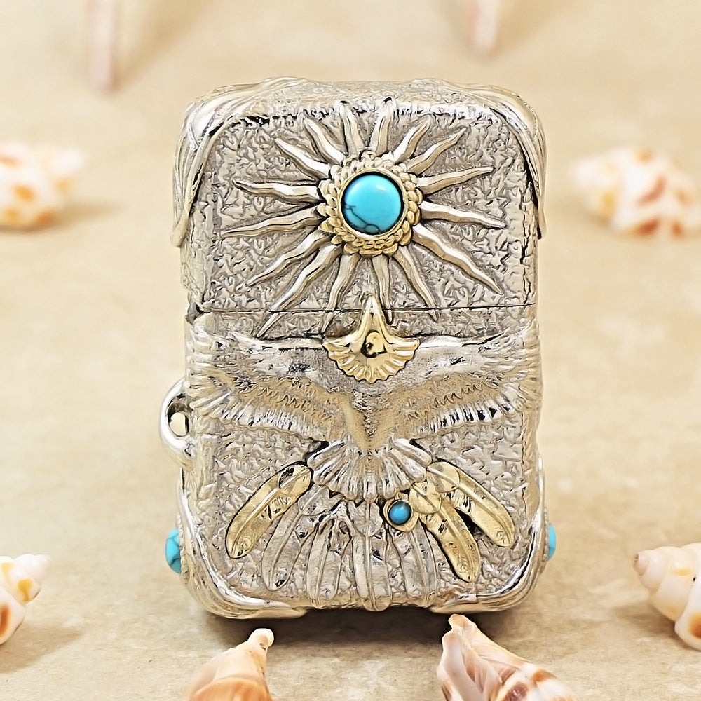 Zippo Silver-Plated Shell Turquoise Burning Sun Eagle - CM66