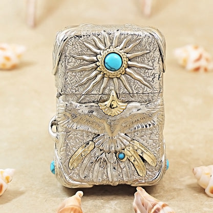Zippo Silver-Plated Shell Turquoise Burning Sun Eagle - CM66