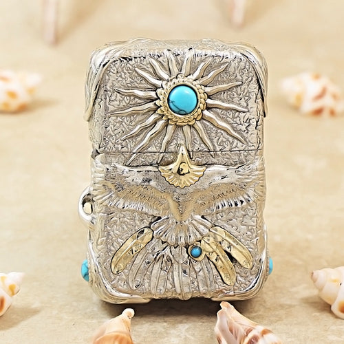 Zippo Silver-Plated Shell Turquoise Burning Sun Eagle - CM66