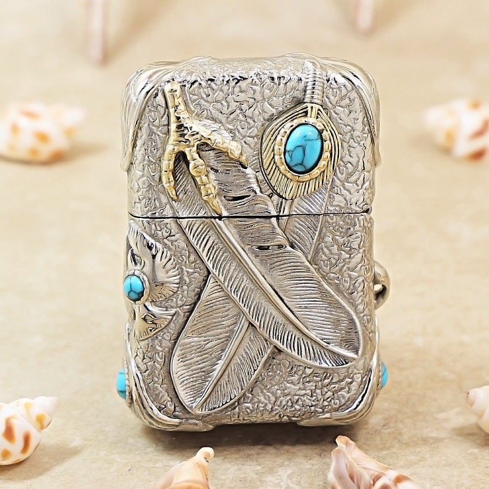 Zippo Silver-Plated Shell Turquoise Burning Sun Eagle - CM66