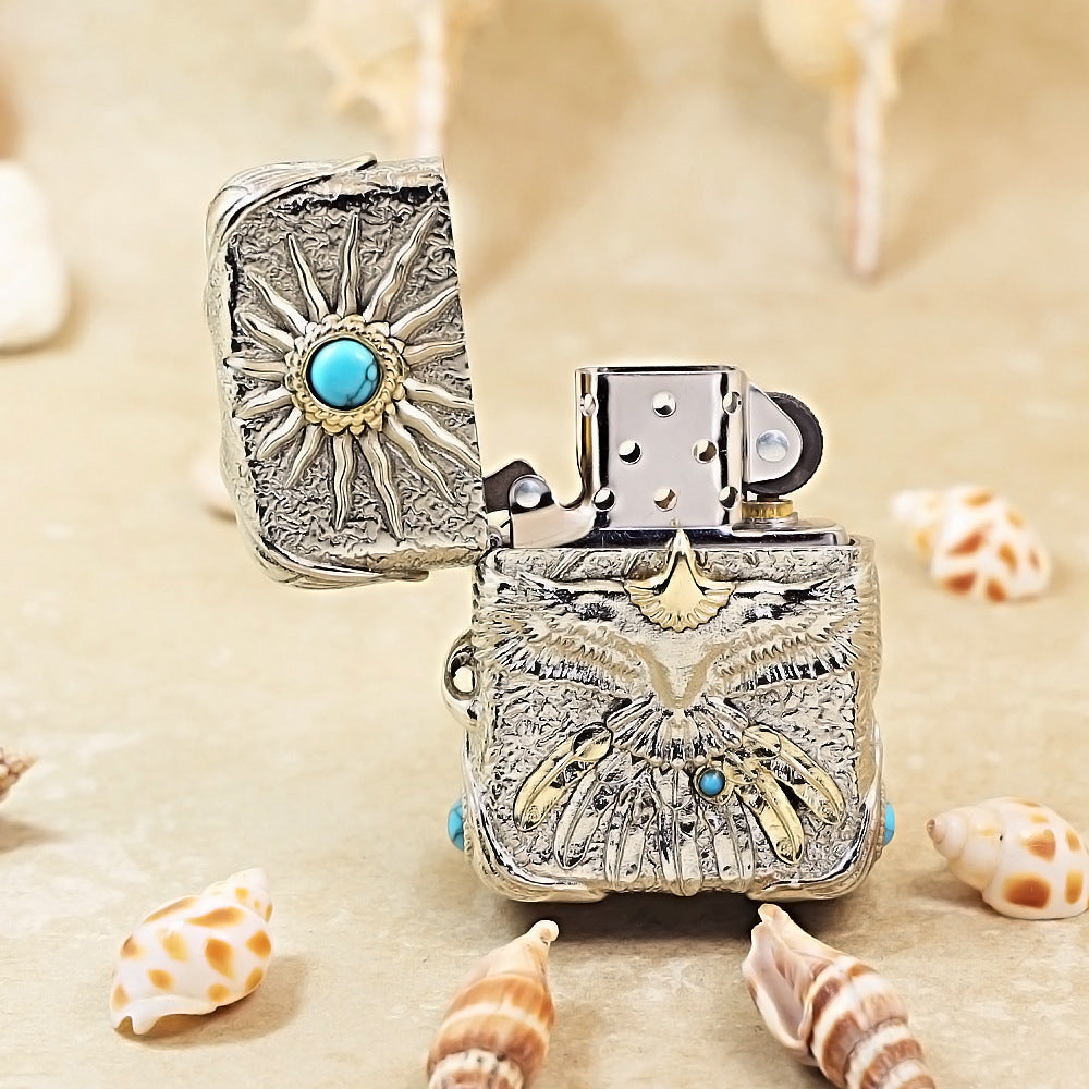 Zippo Silver-Plated Shell Turquoise Burning Sun Eagle - CM66
