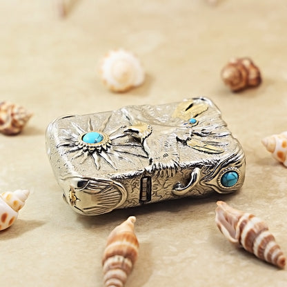 Zippo Silver-Plated Shell Turquoise Burning Sun Eagle - CM66