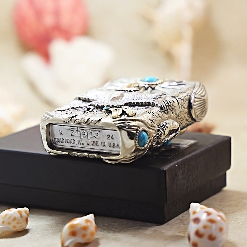 Zippo Silver-Plated Shell Turquoise Burning Sun Eagle - CM66