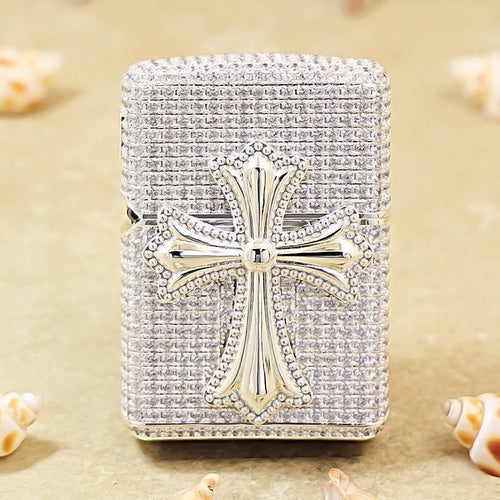 Zippo Silver Full Crystal Pavé Gothic Cross Emblem Shell Lighter - CM111