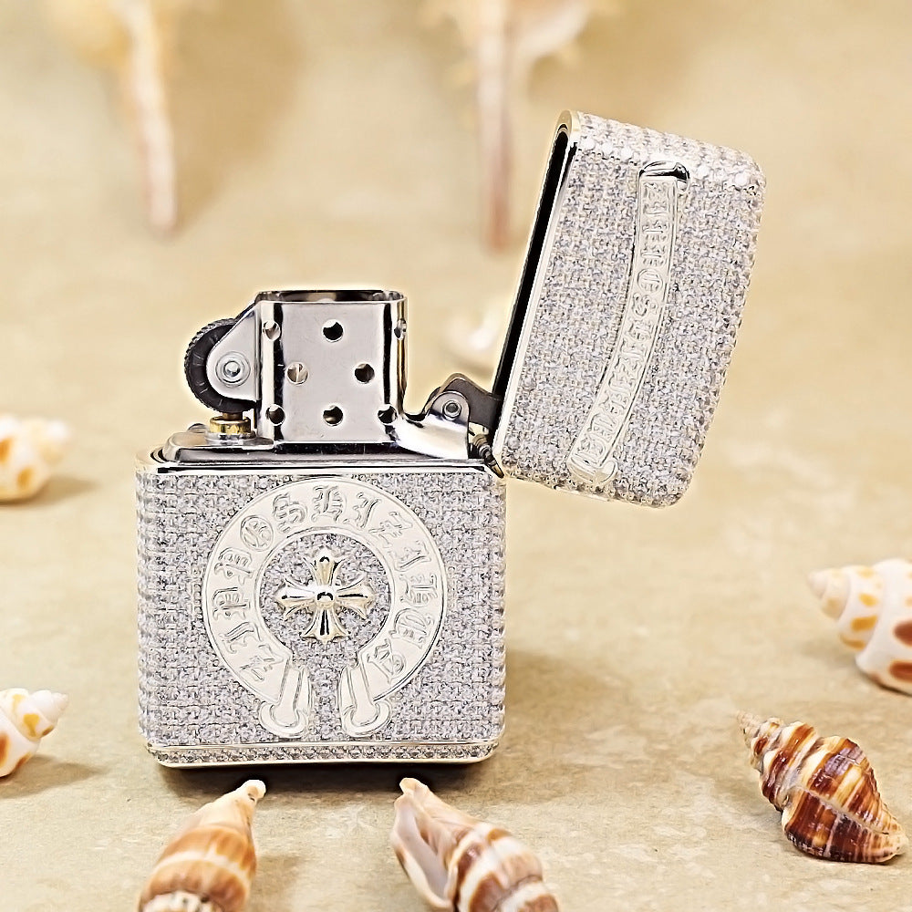 Zippo Silver Full Crystal Pavé Gothic Cross Emblem Shell Lighter - CM111